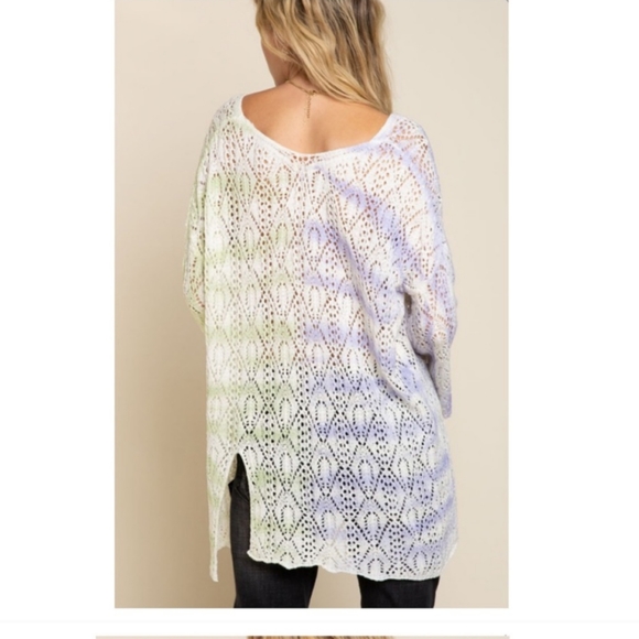 POL Favorite Lilac And Green Grapes Multi Dip Open Weave Tunic Top Side Splits - Picture 2 of 7